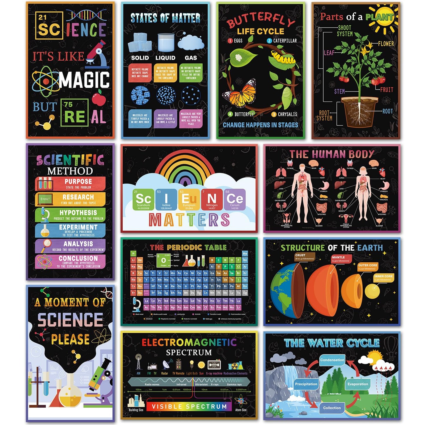 SEOIFUNG 12 PCS Science Classroom Posters Set (11x17, Laminated) - Inspirational Science Biology Learning Charts for School Hallways Bulletin Board Wall Decor, Scientific Method, Periodic Table