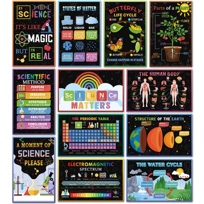 SEOIFUNG 12 PCS Science Classroom Posters Set (11x17, Laminated) - Inspirational Science Biology Learning Charts for School Hallways Bulletin Board Wall Decor, Scientific Method, Periodic Table
