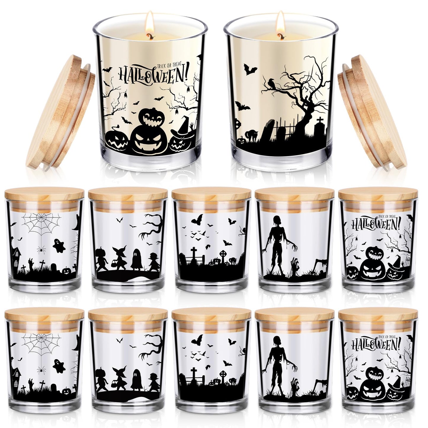 Ziliny 10 Pcs Halloween Village Glass Candle Jars Empty Containers Bulk 7 oz Halloween Glass Jars with Cork Lids Tins for Holiday Candle Making Storing Biscuits Tea Party Favors