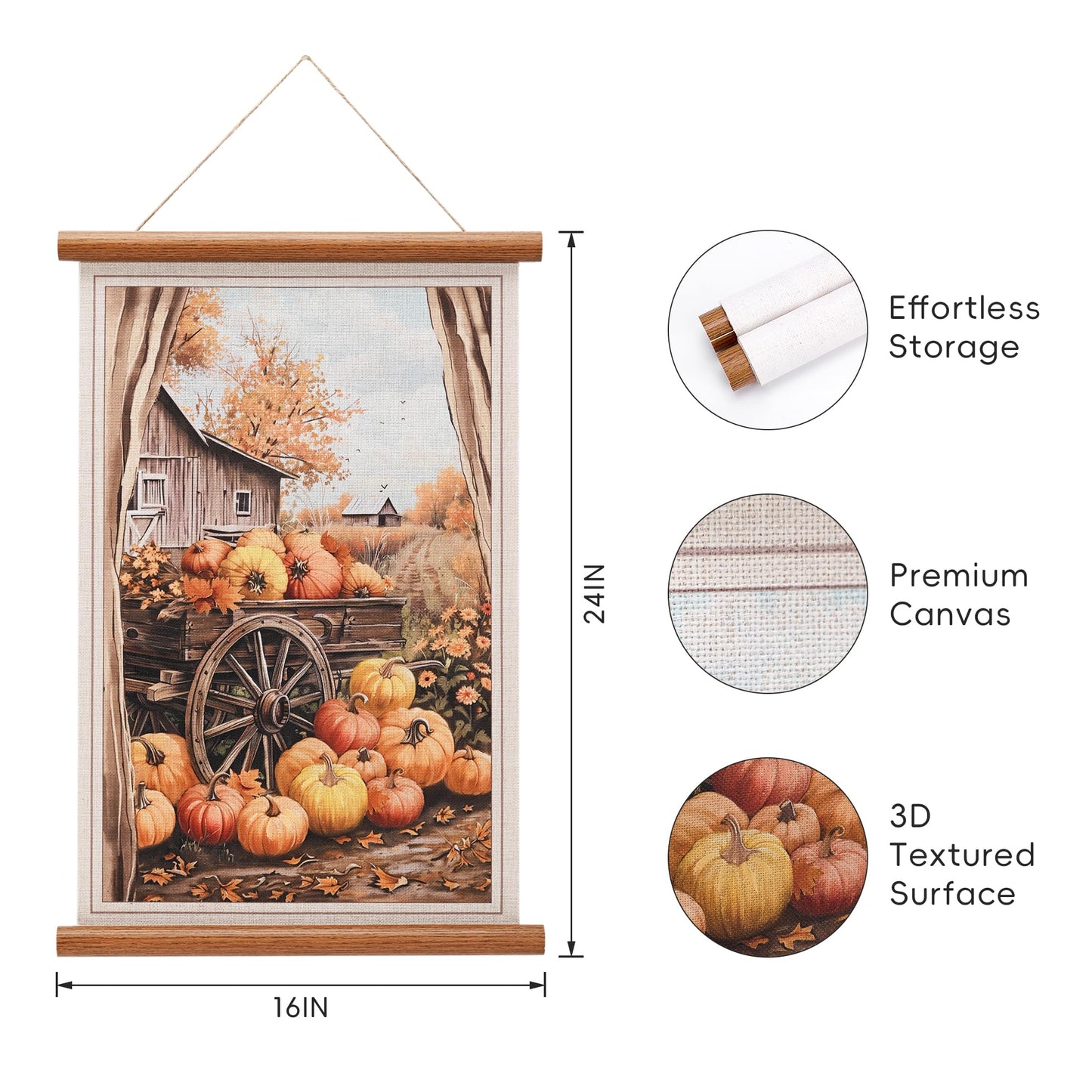 ArtbyHannah Farmhouse Fall Wall Art Decor, Harvest Autumn Thanksgiving Scroll Wall Decor for Bedroom Bathroom Door Home Decor, Rustic Linen Wall Hanging Artwork with Pumpkin Barn Scene, 16x24 Inch