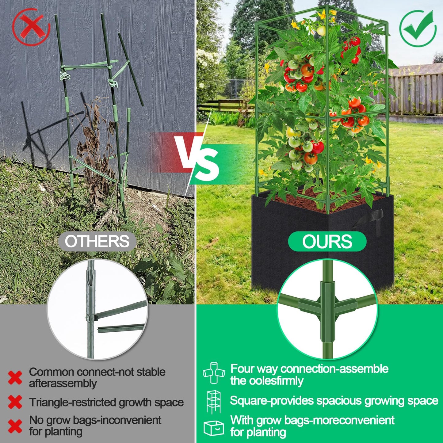 WLLEYAY 3 Pack Square Tomato Cages with 17 Gallon Grow Bags, 46'' Upgraded Heavy Duty Steel Garden Plant Support Stakes Kit, Flowers Vegetable Trellis for Vertical Climbing Plants Vines