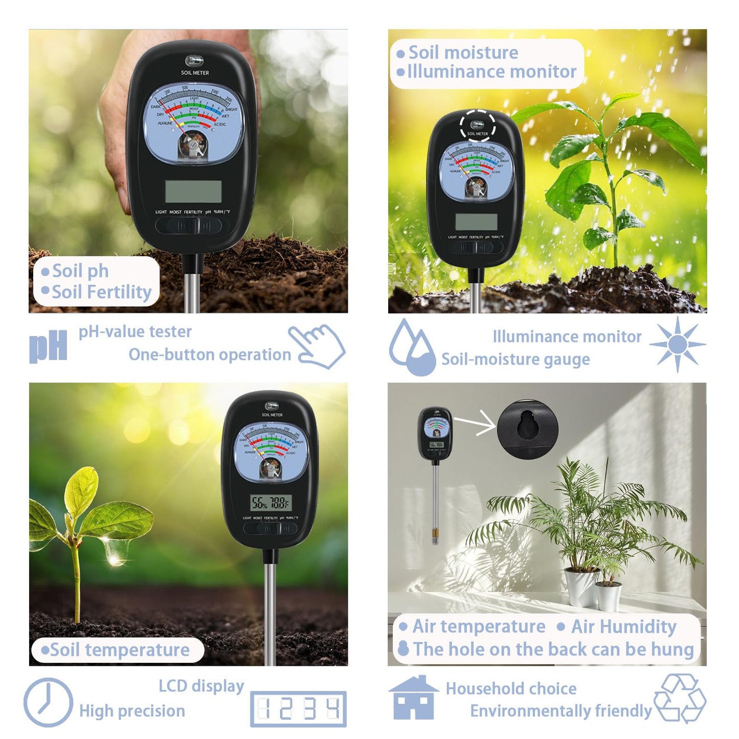 7-in-one Soil Test Kit, Soil Moisture Meter/PH Meter/Sunlight Intensity/Fertility Soil Tester, LCD Display Air & Soil Hygrometer Temperature for Hous Plants Garden, Farm, Lawn Care Moisture Meter