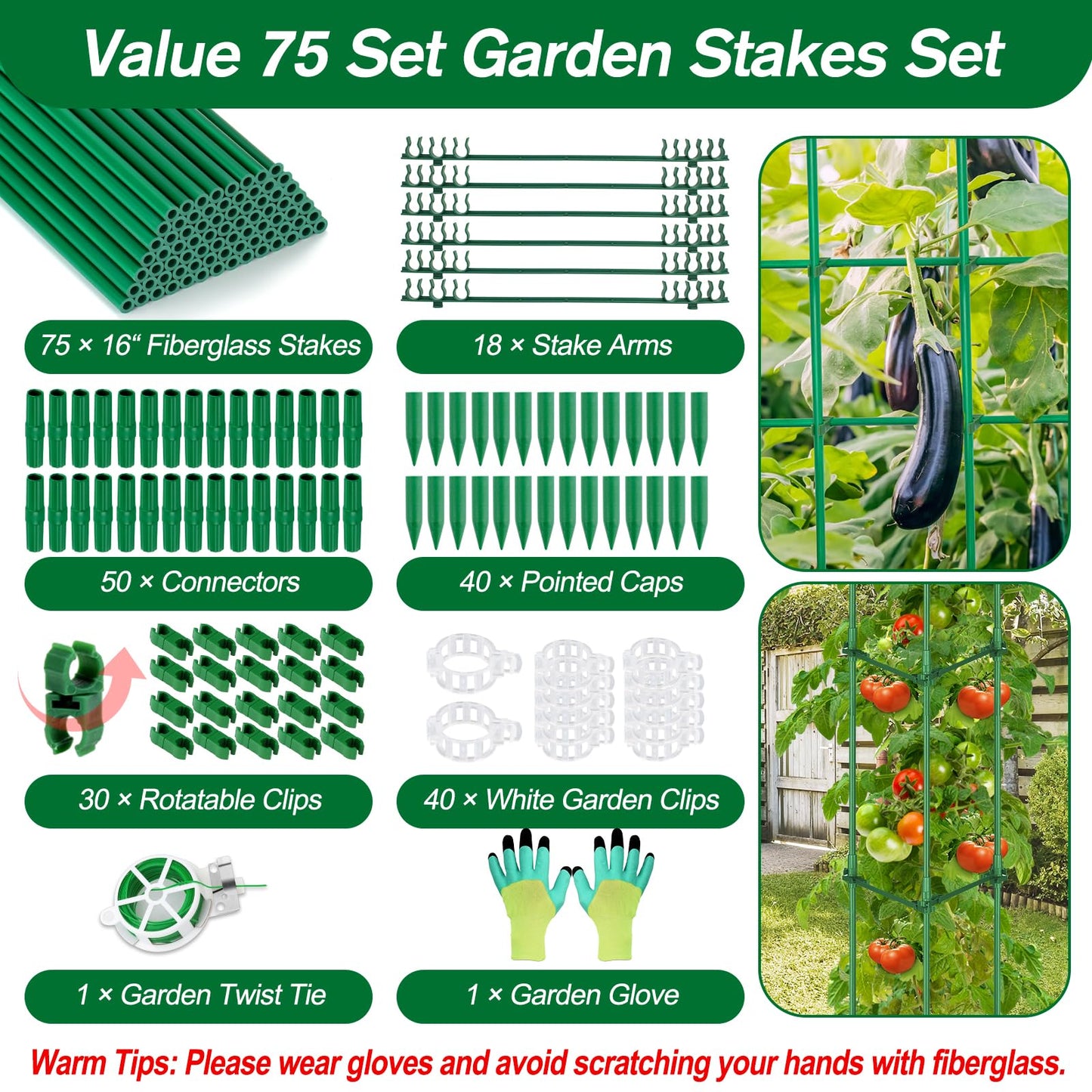 Qinzave 256PCS Garden Stakes Set with 75PCS 16 Inch Fiberglass Plant Sticks and Stake Arms, DIY 4ft 5ft 6ft 7ft 8ft Tomato Stakes, Garden Stakes for Vegetables Tomato Pepper Indoor Outdoor Plants