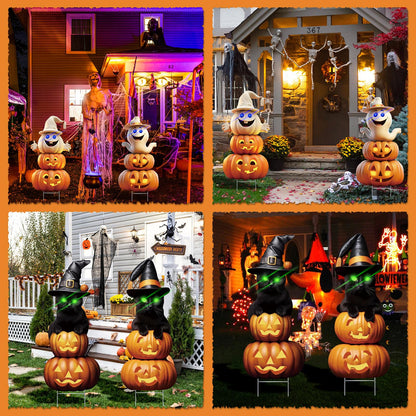 2Pcs 4.0FT Black Cat Halloween Decorations - Plastic Yard Signs With Stakes, Spooky Pumpkin Outdoor Decor, Scary Silhouette With Glow in Dark Eyes for Yard, Lawn, Garden