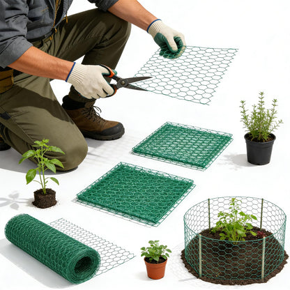 Chicken Wire Mesh,16.4 Ft x 15.4In Plant Protectors from Animals,Coated Green Chicken Wire Mesh,Stakes,Pliers,Gloves,Outdoor Anti-Rust Garden Animal Barrier Fence for Chicken Coop Barrier Rabbit Cage