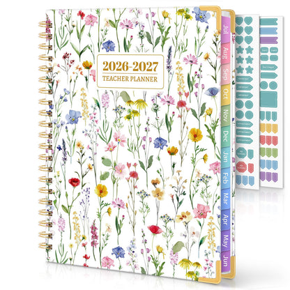 SKYDUE Teacher Planner 2026-2027 Academic Year, 8.5" x 11" Deluxe Teacher Lesson Planner with Monthly Tabs & Stickers, Lesson Plan Book 26-27, FloralA