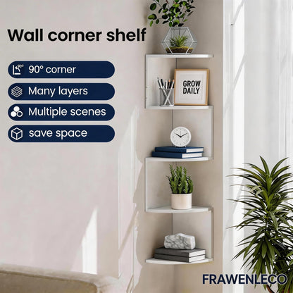 FRAWENLECO No-Drill Modern Corner Shelf Wall Mount, 5-Tier Floating Storage Rack, Corner Bookshelf with Hooks, Space-Saving Zigzag Plant Shelf for Bedroom, Living Room, Bathroom, Home Office(White)