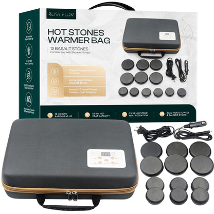 BlissFlow Hot Stones Massage Set with Portable Warmer, 12 Basalt Massage Stones, Hot Rocks Massage Stones, Hot Stone Warmer with Bag and Built-in Digital Control