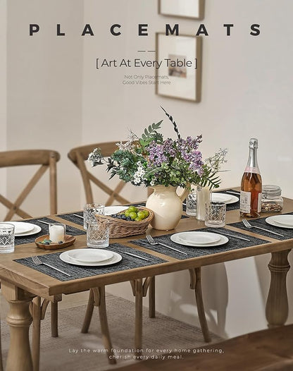 Leetaltree Black and Grey Woven Placemats Set of 8 - Heat Resistant Non-Slip Place mats for Dining Table, Washable Durable PVC Vinyl Woven Table Mats(Black & Grey, 8)