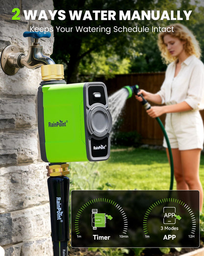 RAINPOINT WiFi Water Timer for Garden Hose, WiFi Sprinkler Controller, Smart Hose Timer Valve, Automatic Drip Irrigation System/Rain Delay for Garden/Lawn/Yard (Brass Inlet, WiFi Gateway)