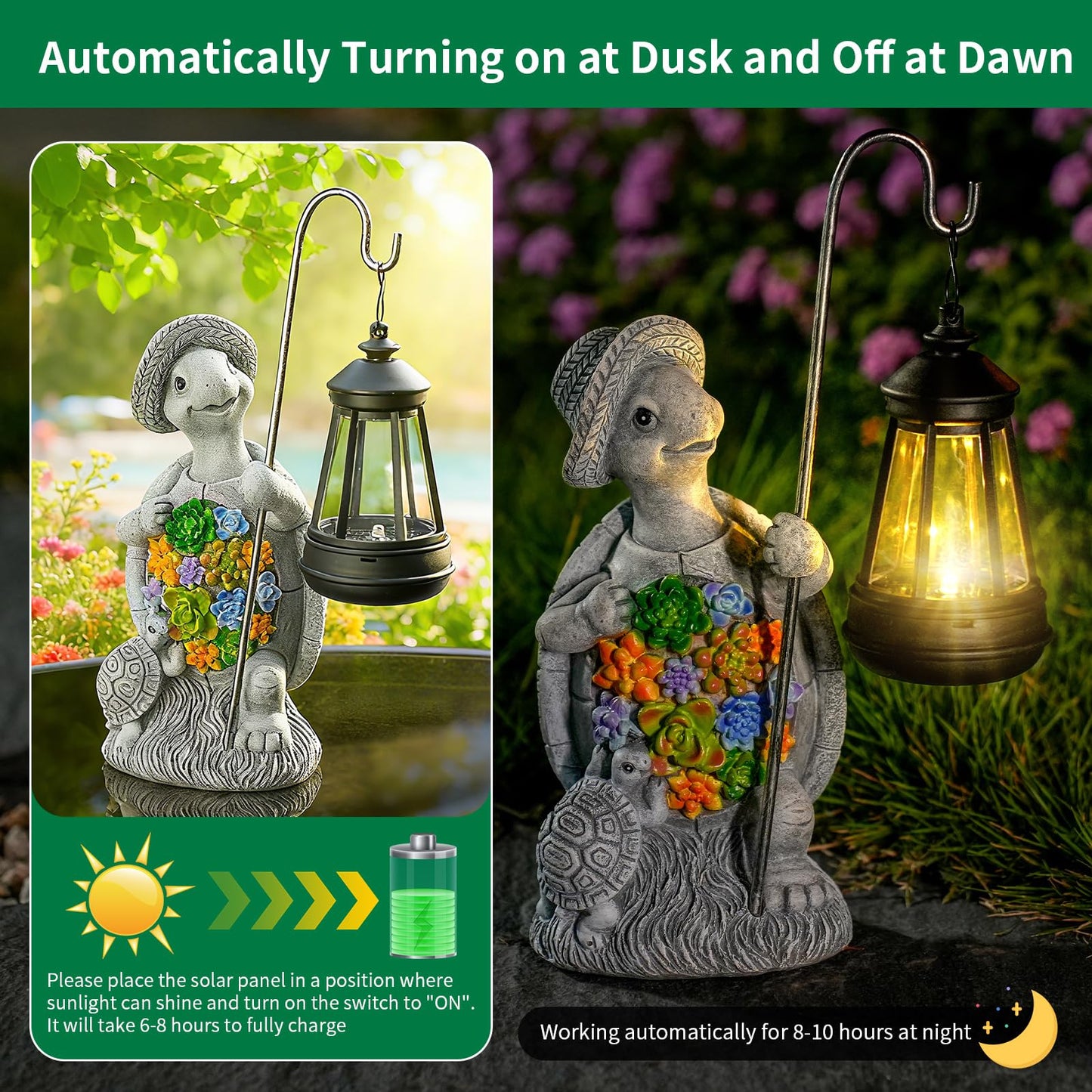 RS FURISON Solar Garden Outdoor Statue Turtle with Hanging LED Lantern —Outside Solar Turtle Decor for Garden,Home,Lawn,Yard, Balcony Ornament- Unique Housewarming Gifts
