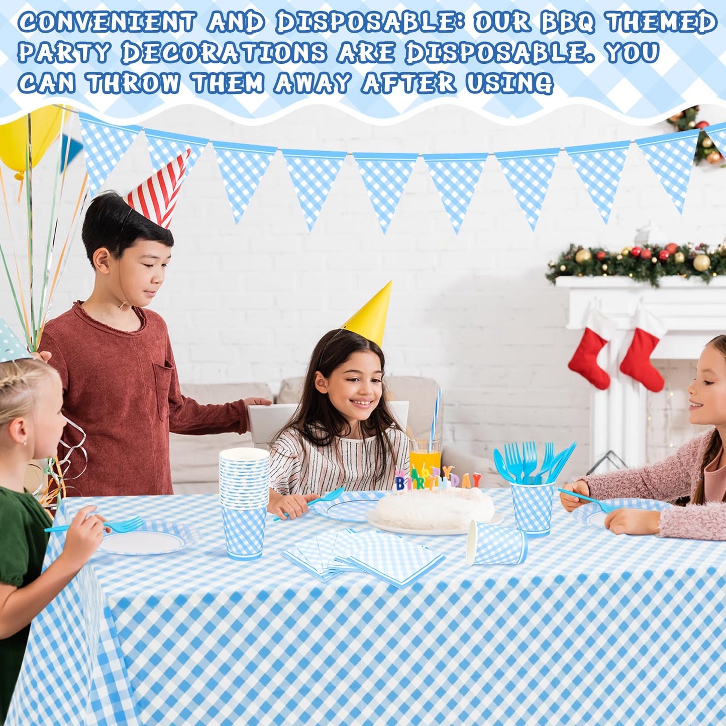 Preboun 198 Pcs Gingham Party Supplies for 24 Guests Checkered Plaid Tablecloth Pennant Banner Plate Cup Napkin and Cutlery for Picnic BBQ Birthday Baby Shower Party(Light Blue, White)
