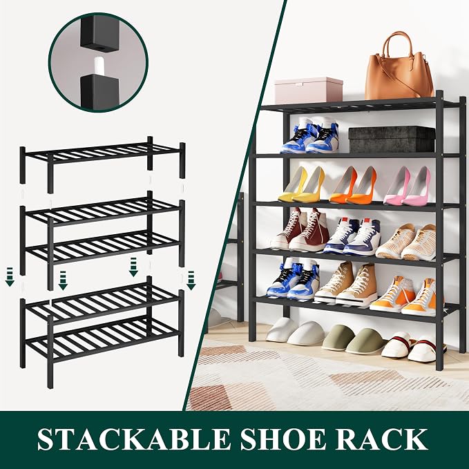 Smiry Bamboo Shoe Rack, 4 Tier Free Standing Wooden Shoe Organizer, Stackable Wood Shoe Storage Shelf for Closet, Entryway, 12 Vertical Slats, 2+2 Stack Standard Legs, 26.8"x11"x26", Black