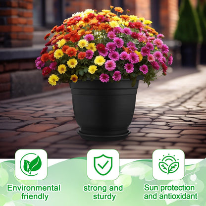 Sunnychicc 12 Pack 10'' Plastic Plant Pots Round Planter Pots with Saucer Tray Seedling Pot Hole Seed Resin Plant Pot Starting Nursery Flower Container with Pallet for Garden Outdoor Indoor(Black)
