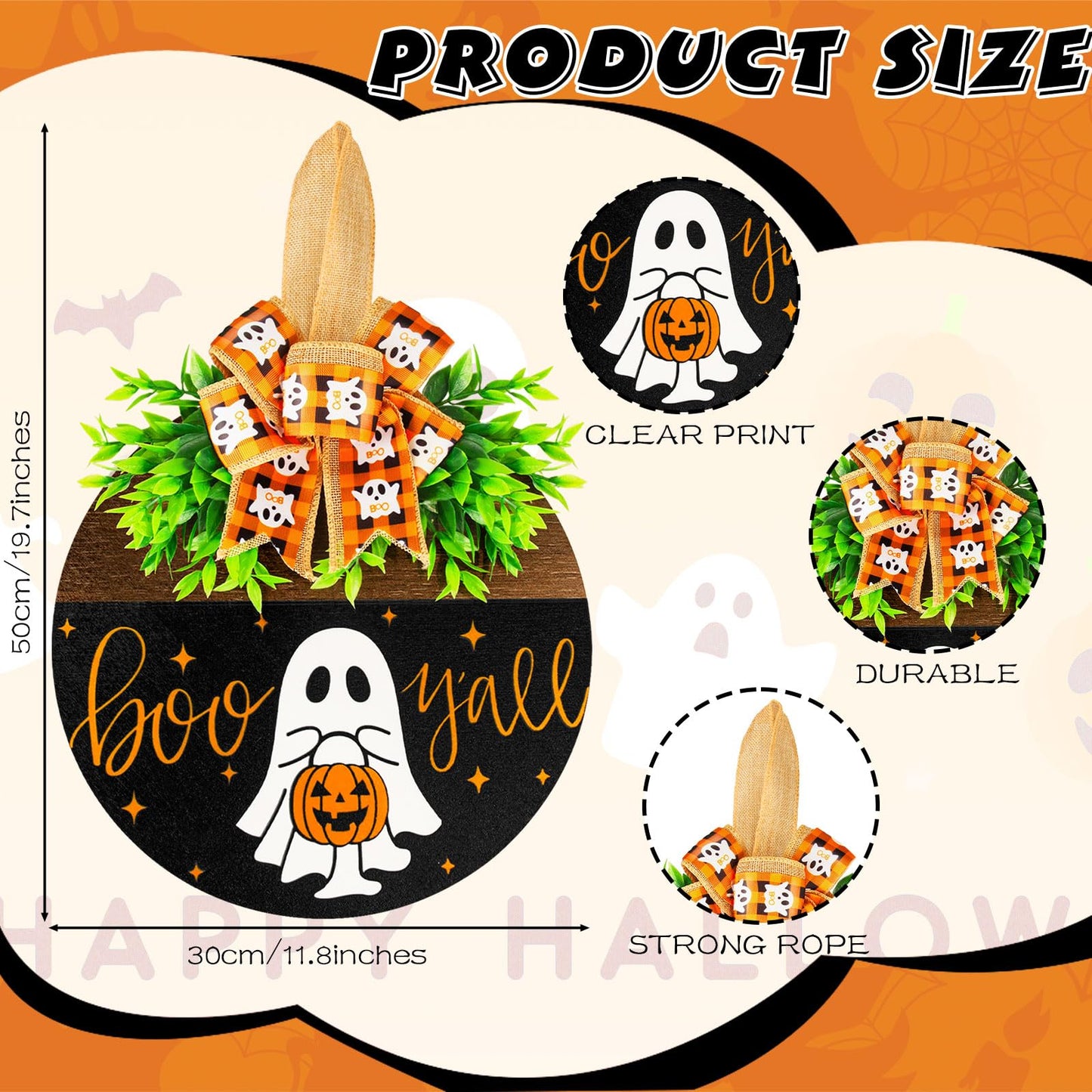 Halloween Wooden Welcome Sign for Front Door Hanging Spooky Ghost Boo Yall Sign with Bow Halloween Wooden Door Hangers Wreath for Farmhouse Home Window Outdoor Wall Party Decoration Supplies