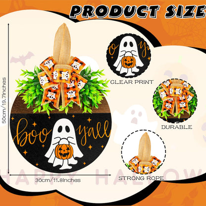 Halloween Wooden Welcome Sign for Front Door Hanging Spooky Ghost Boo Yall Sign with Bow Halloween Wooden Door Hangers Wreath for Farmhouse Home Window Outdoor Wall Party Decoration Supplies