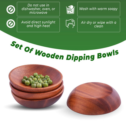 VieWood Mini Wooden Bowl Set of 4 (3.54" Diameter x 0.78" Height) for Condiments, Dip Sauce, Ketchup, Small Wood Bowl for Jam, little Prep, Olive (Round)