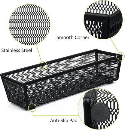 Neudeco Drawer Organizer Set, Black Mesh, 6 Pack | 5-Compartment Silverware Organizer Tray, 5 Utensil Trays, For Flatware, Cutlery, Office Supplies, Non-Slip