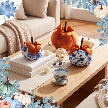 Frienda 3 Pcs Blue White Orange Fabric Pumpkins Chinoiserie Thanksgiving Decor Rustic Pumpkins Blue and White Porcelain Faux Fall Decor for Autumn Harvest Farmhouse Wedding Table Centerpiece Mantel