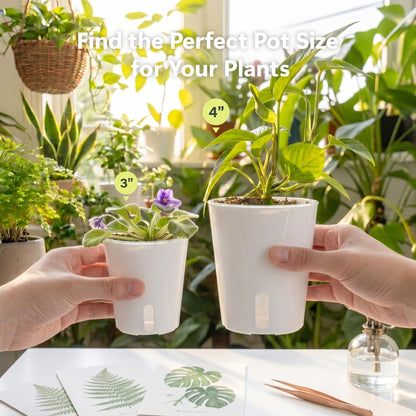 FYRIXONE 10 Pack 4" Self Watering Small White Plant Pots for Indoor Plants, Clear Inner Cup, Water Level Indicator, Drainage Holes & Wick, for Cuttings, Seedlings, Herb, African Violet, Hoya, Begonia