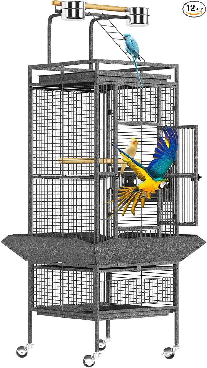 61" Extra Large Bird Cage with Rolling Stand & Play Top - Wide Metal Parrot Cage for Macaws, Cockatoos, Conures, Parakeets, Lovebirds, Includes Bowls