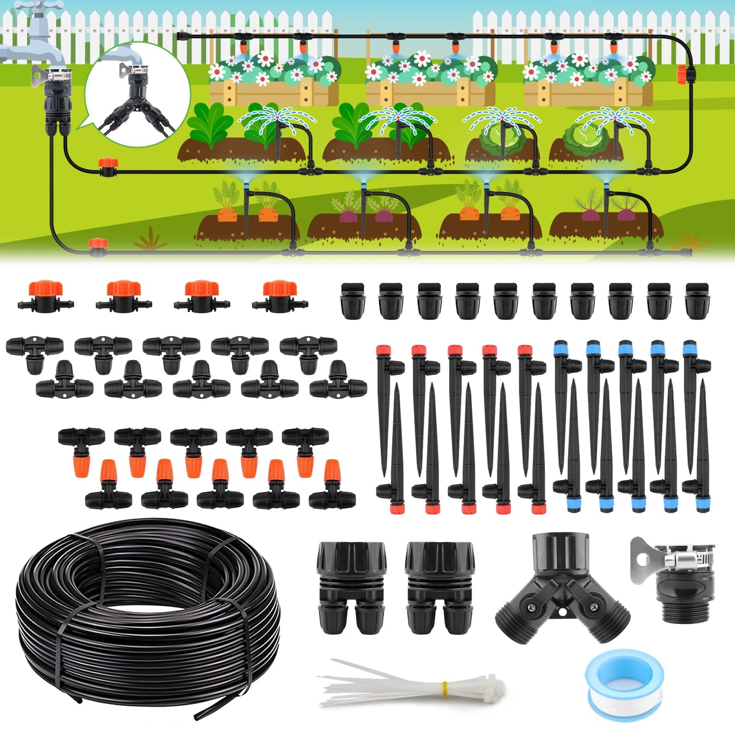 100FT Drip Irrigation System Kit, Automatic Watering System with 30 Adjustable Nozzles & 30M 1/4" Tubing – DIY Solution for Gardens, Greenhouses, Patios & Lawn – Effortless Plant Care + Water-Saving