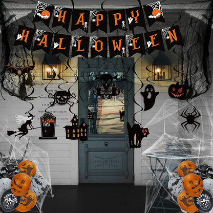 LINAYE Halloween Party Decorations Kit Indoor Outdoor | Halloween Hanging Swirl Decorations, Banner, Creepy Cloth, Balloons, Spider Web Hanging Decorations Decor Set Pack