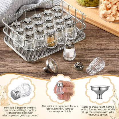 Baderke 20 Pcs 0.5 oz Cube Shape Mini Salt and Pepper Shakers Small Glass Seasoning Jars with Rack and Funnels Tiny Spice Shakers for Wedding Party Restaurant Kitchen Supplies(Silver)