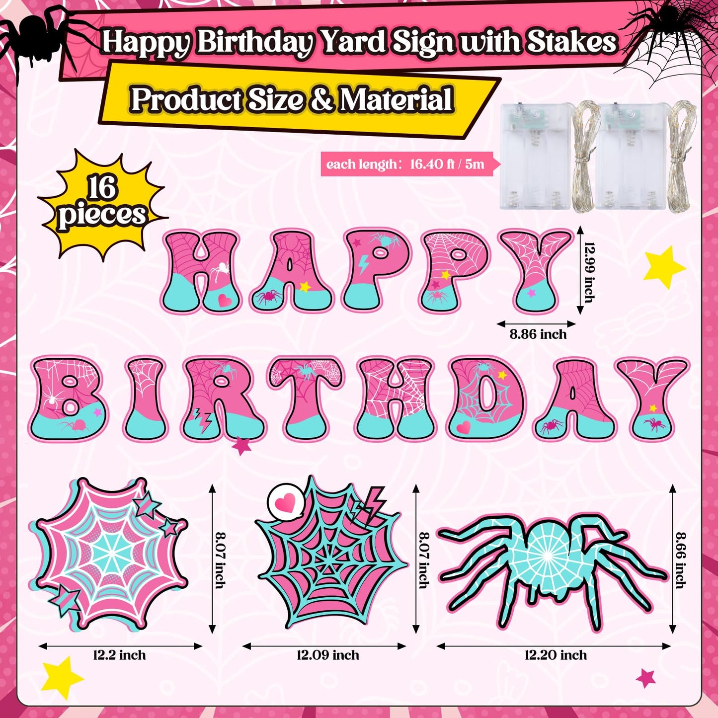 BrightRow 16 Pcs Spider Birthday Decorations Happy Birthday Yard Signs with Stakes and Lights 13" Weatherproof Yard Sign for Halloween Theme Outdoor Lawn Decor