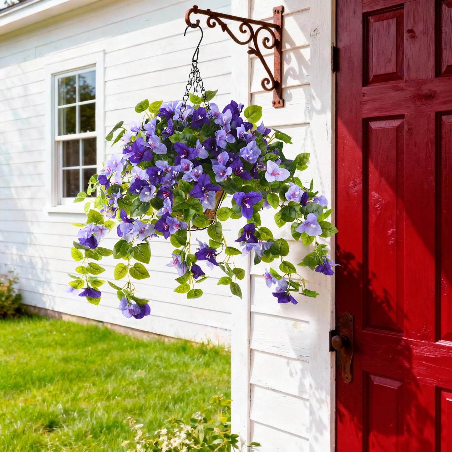 Homsunny Artificial Fake Hanging Flowers Plants Basket for Outdoor Decoration, Faux Silk Flower Bougainvillea Planter Look Real UV Resistant for Home Porch Patio Balcony Yard Spring Decor(Purple)