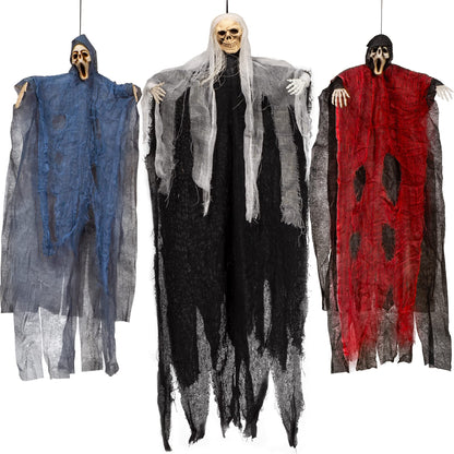 JOYIN 3 Pack Hanging Skeleton Ghost Halloween Decorations,Grim Reapers for Halloween Outdoor Decorations(One 35" Hanging Ghost Skeleton and Two 25" Hanging Reapers)