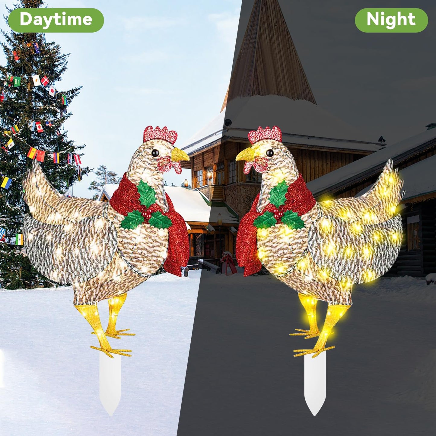 Light Up Chicken Outdoor Christmas Decor, Lights LED Yard Signs with Stakes Chicken Ornaments, Light Up Chicken with Scarf for Xmas Gifts Courtyard Lawn Garden Christmas Feeling Decoration