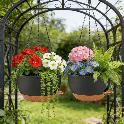 zople 2 Pack 12 Inch Self Watering Hanging Planters for Indoor Plants, Large Black Brown Plastic Hanging Pots with Chains for Outdoor Patio Garden Home Decor Black Brown
