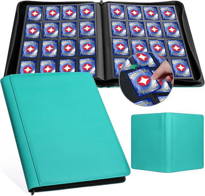 GEAoffice 16 Pocket Trading Card Binder for 1000+ Cards, Ringless Side-Loading 4x4 Card Binder with Zipper Closure, PU Leather 1024 Card Binder for MTG/TCG/Baseball/Sports&Game Cards, Turquoise