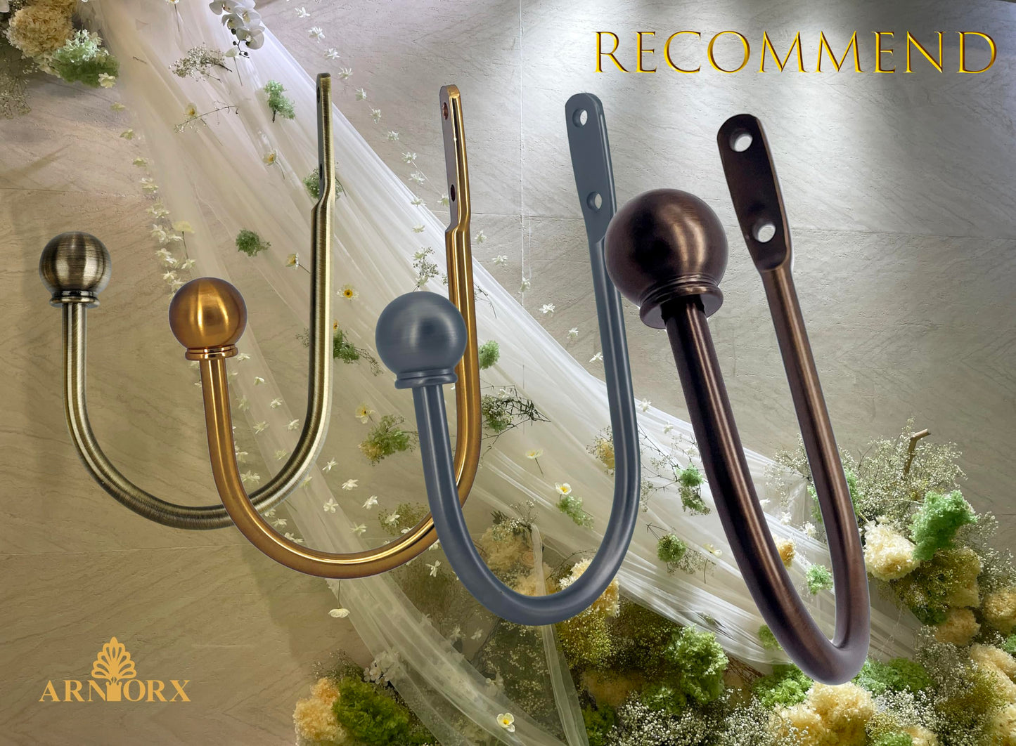ARNORX Curtain Holdbacks, Hooks, 2 PCS，Solid Steel Hooks, Decorative French Ball End, Curtain Drapery Holdbacks, Wall Mounted, Curtain Tiebacks, Antique Bronze