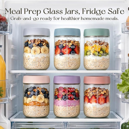 KEMORELA 6-Pack 16oz Overnight Oats Containers with Lids, Wide Mouth Glass Mason Jars with Airtight Lids, Reusable Glass Food Storage Containers for Yogurt, Chia Pudding, Salad, and Pickles