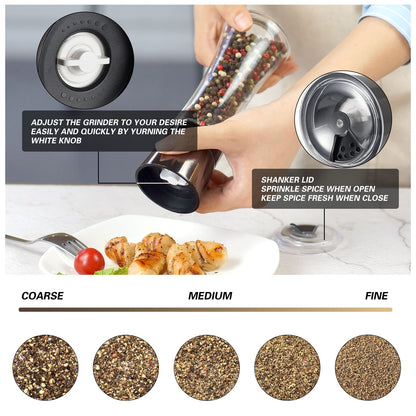 VEVOK CHEF Salt and Pepper Grinder Set Stainless Steel Black Salt and Pepper Mill with Adjustable Coarseness Salt Shaker Set Spice Grinder Black Pepper Grinder Refillable Home Kitchen