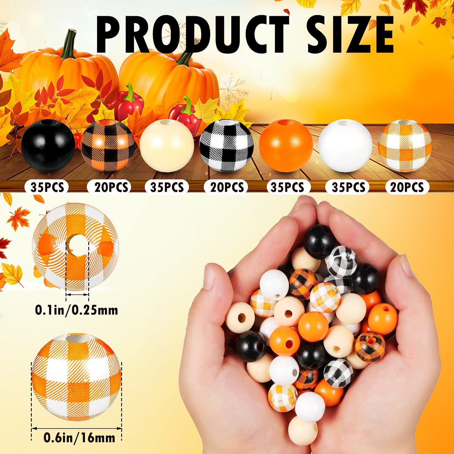 200 Pieces Halloween Wood Beads Buffalo Plaid Yellow Orange Black Wood Spacer Beads Round Rustic with Rope for Halloween Garland Decoration DIY Home Decor