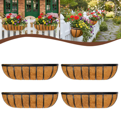 JFFLYIT 4 Pcs 36“ Railing Planter Window Box Deck Railing Planter Boxes with Coco Liner English Horse Trough Planters Metal Wall-Mounted Planters Basket for Outdoor Balcony Porch Fence Patio Rail