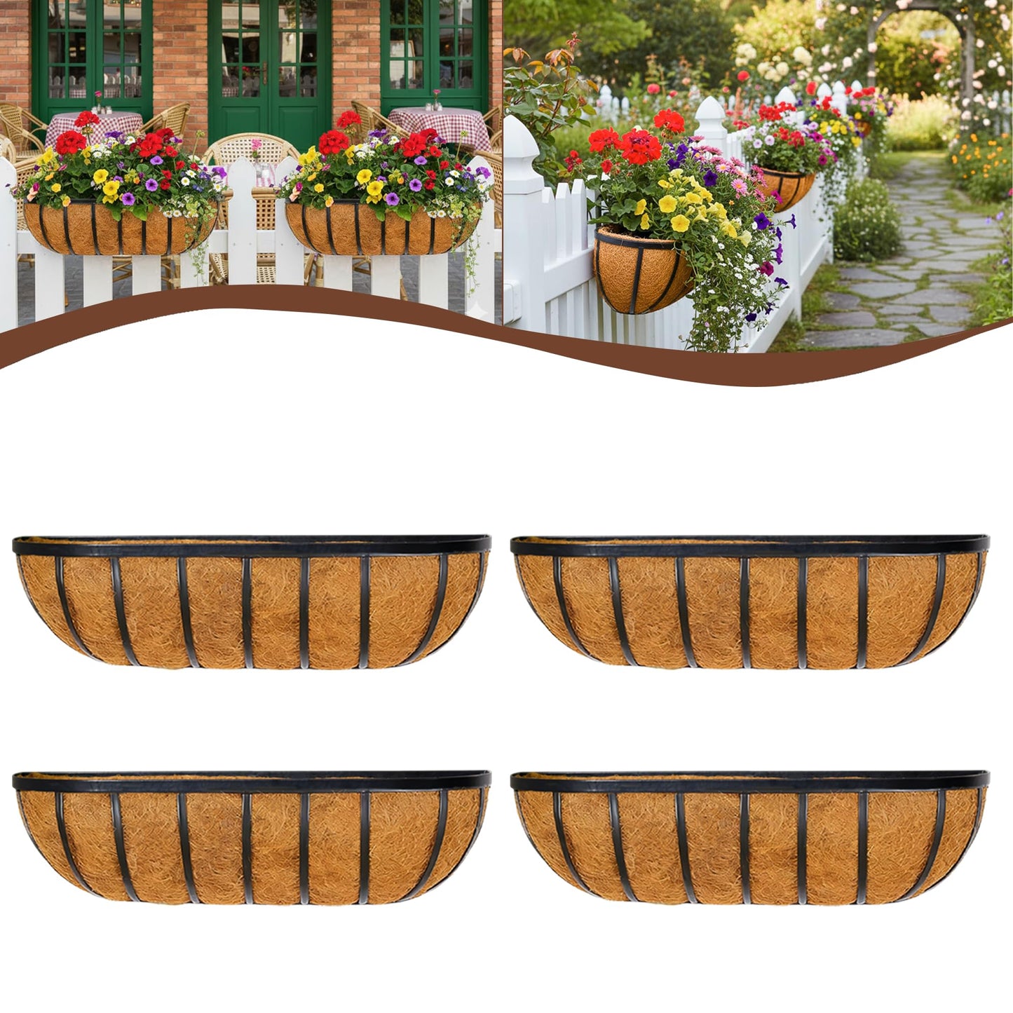 JFFLYIT 4 Pcs 24“ Railing Planter Window Box Deck Railing Planter Boxes with Coco Liner English Horse Trough Planter Metal Wall-Mounted Planters Basket for Outdoor Balcony Porch Fence Patio Rail
