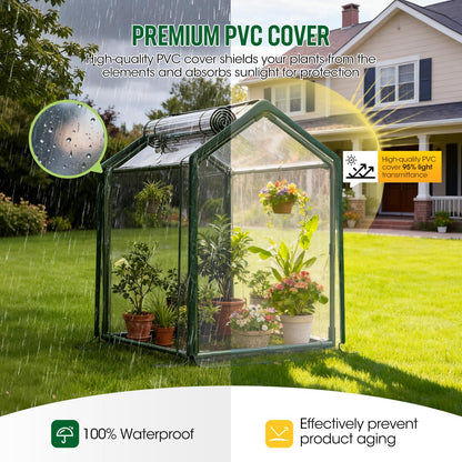 Mini Greenhouse with Zippered Doors & Roll-up Windows, Elevated Bottom Portable Plant Hot House with Durable PVC Cover, Water Resistant, UV Protected for Outdoor Flowers, Vegetables