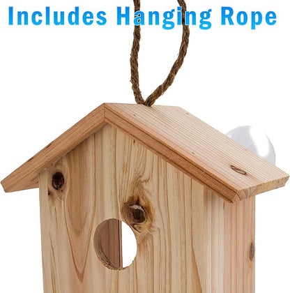 See Through Window Birdh Ouse - Wooden, Large Suction Cups, Hanging Lanyard Rope Bird House - Spy Window Bird Nest Box - Outdoor Bird Watching, Backyard Bird Shelter