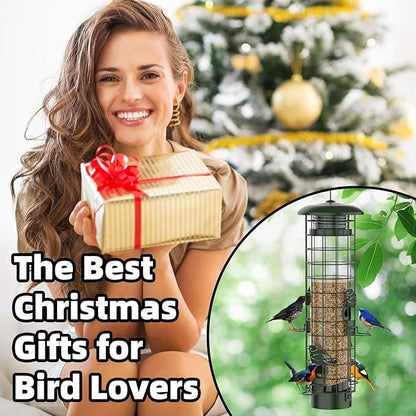 Squirrel Proof Bird Feeder,Metal Mesh Bird Feeders for Outdoors Hanging,Gravity Protection Squirrel Proof Wild Bird Feeders with Finch Cardinal Chickadee,3LB Large Capacity,Green