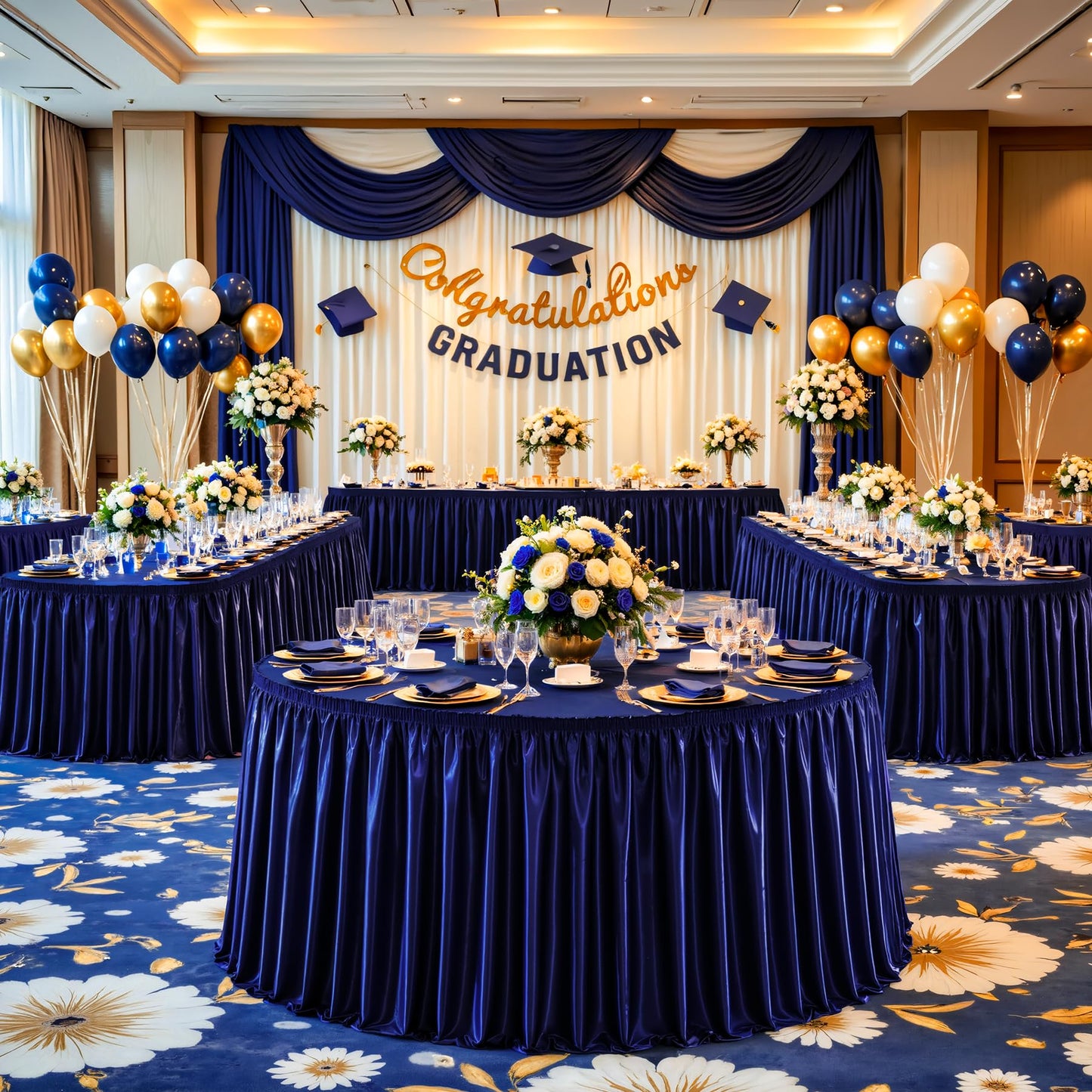 Wish Care 6ft Navy Blue Satin Table Skirt for Rectangle Tables Wrinkle Free Teacher Desk Skirt Glitter Ruffle Table Skirting Cloth for Back to School Classroom Office Dorm Birthday Party Table Decor