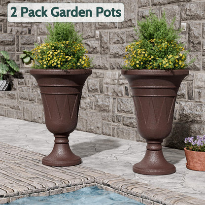 Trygoal 23.6" Tall Plastic Urn Planters for Outdoor Plants, Set of 2 Heavy-Duty Classic Indoor Large Flower Pots with Drainage Holes & Trophy Design, Outdoor Planters for Porch, Home Garden, Brown