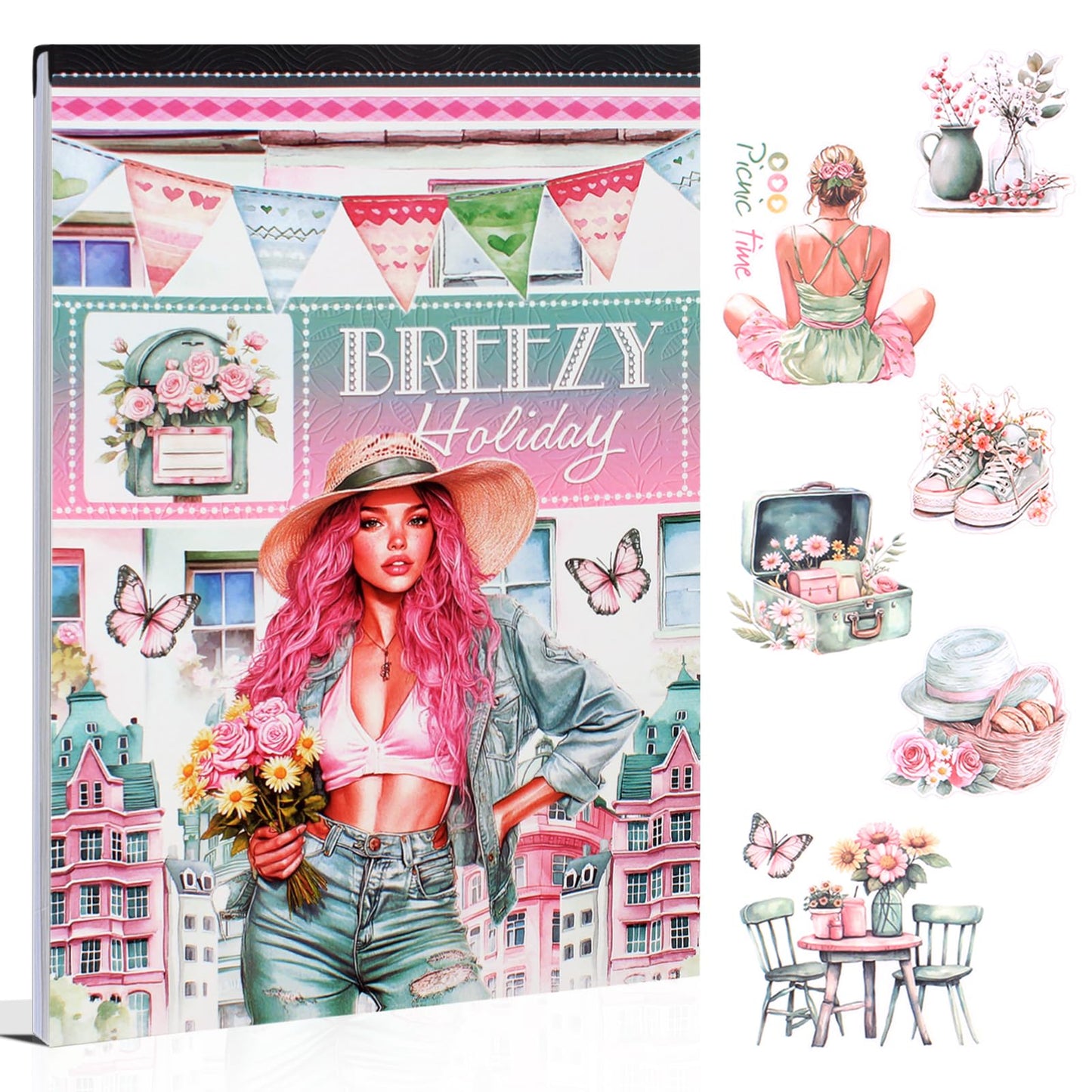 Dwpetzo Breezy Holiday Scenery Pre-Cut Journal Sticker Book for Women Journaling, Assorted Materials Paper PET Washi Stickers for Scrapbooking, Junk Journal Supplies, Planner, Collage, Crafts Arts