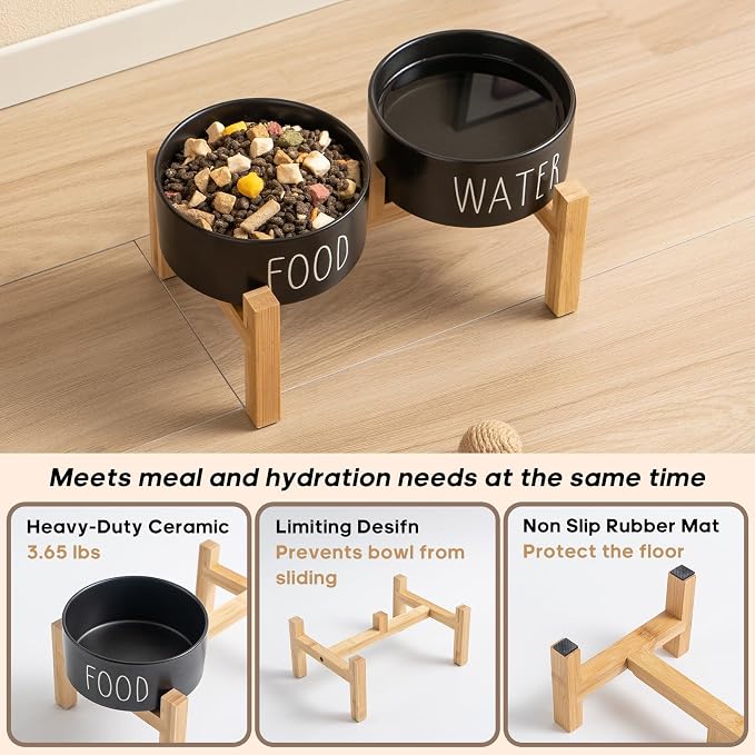 Elevated Ceramic Dog Bowls Set - Food & Water Lettering Raised Dog Bowl with Non-Slip Bamboo Stand for Cats and Small Dogs, Weighted Dogs Dishes Pet Bowls (5.1 inch, 2 * 16oz, Black)