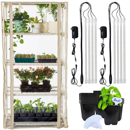 Carpathen Indoor Greenhouse with Grow Lights and 60 Nursery Pots Pack - 4 Tiers 27.2"L x 19.3"W x 54"H with 2 Dimmable Full Spectrum Light Strips and Spectrum Control - Mini Greenhouse with PVC Cover