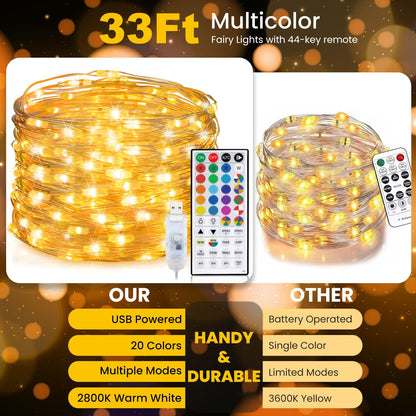Fairy Lights USB Plug in 33ft 100LEDs with Remote, Warm White 20 Color Changing Light Twinkle Firefly String Lights for Bedroom Party Wedding Christmas Tapestry, Multicolor Colors