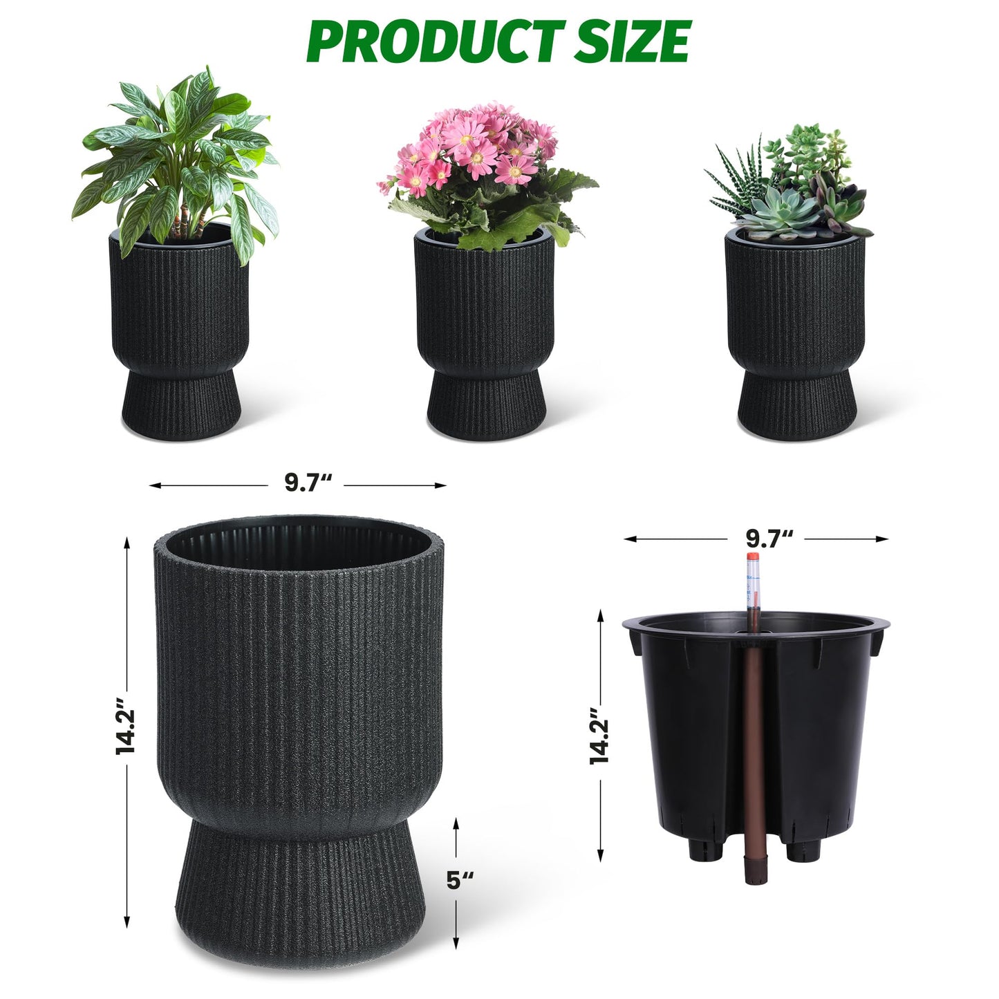 GarveeLife 14.2 in Planters Set of 2, Outdoor＆Indoor Black Planter Pots, Planter Pots with Inner Bucket and Water Level Monitor, for Patio, Porch, Living Room, or Home Office, Classic Black